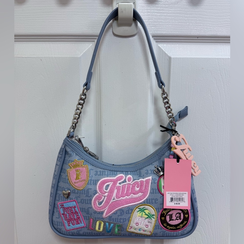 NWT Juicy Couture Juicy Run The World Shoulder Bag in Dusty Blue - Picture 3 of 4